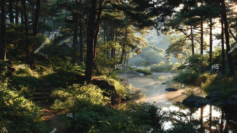 A Tranquil Forest Scene At Sunrise With A Serene River Meandering Through The Landscape And Lush Green Trees Lining Its Banks — Stock Photo