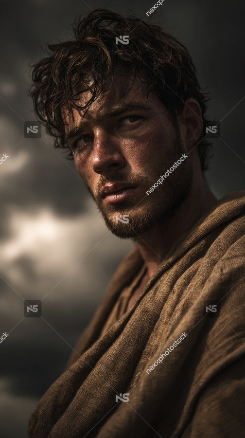 Man With Beard And Brown Hair Standing Outdoors In A Field Wearing A Dirty Tunic And Pants Looking Off To The Side — Stock Photo