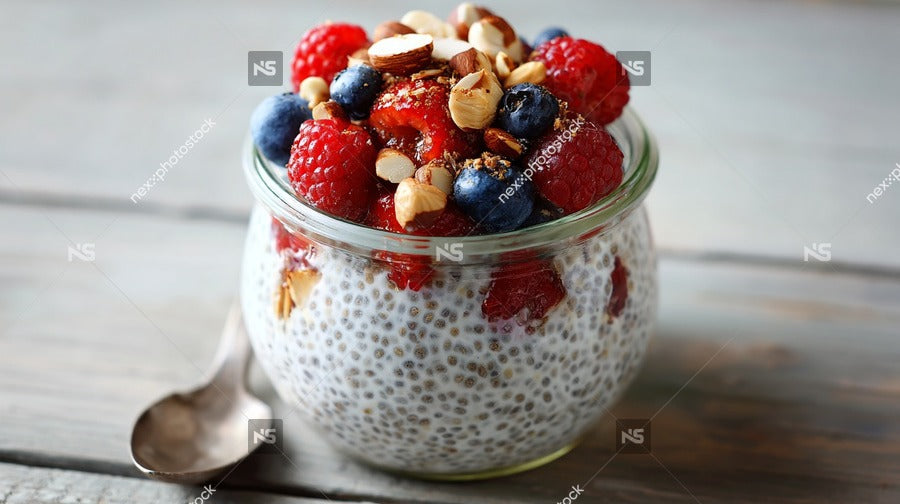 A Jar Of Raspberry Chia Pudding Topped With Nuts And Berries Served On A Wooden Table — Stock Photo