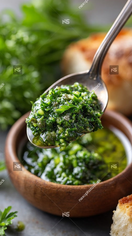 A Spoonful Of Spicy Pesto Dip Is Being Scooped From A Bowl With A Backdrop Of Fresh Herbs And Breadsticks — Stock Photo