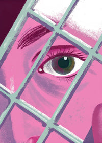 A Person S Face Is Visible Through A Barred Window Looking Out With Their Eyes Wide Open — Stock Illustration