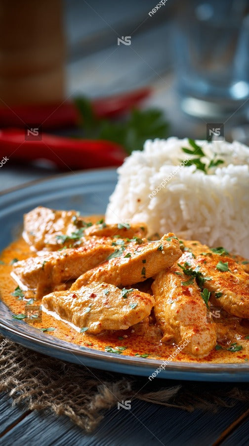 A Plate Of Chicken Curry Garnished With Fresh Cilantro Accompanied By A Serving Of White Rice On A Dining Table — Stock Photo