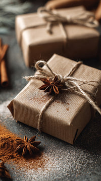 Gifts Wrapped In Brown Paper And Tied With Twine Adorned With Cinnamon Sticks On A Table — Stock Photo