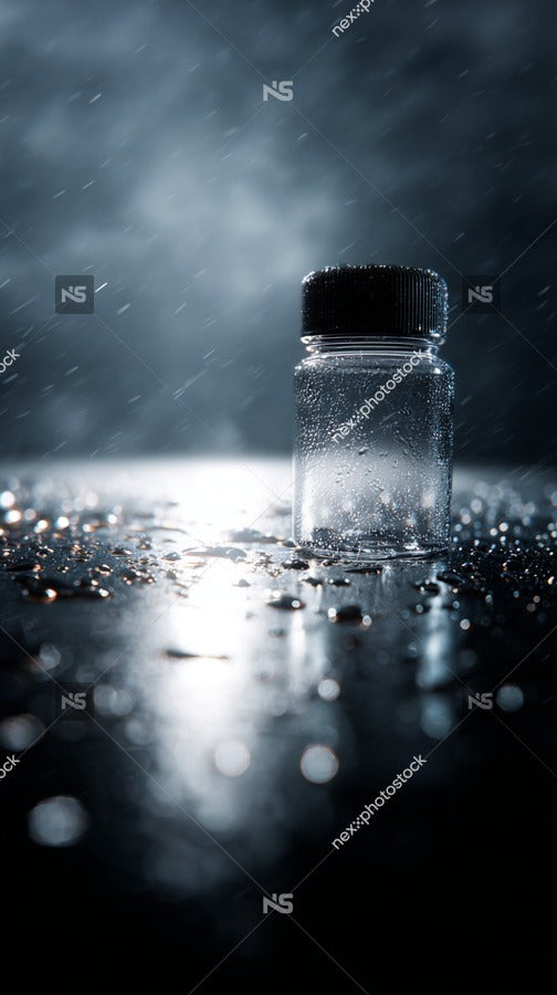 A Clear Glass Bottle With Drops Of Water Placed On A Dark Surface Under A Soft Light Source — Stock Photo