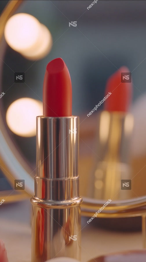 Shows A Close Up View Of A Red Lipstick Tube With A Gold Cap On A Vanity Mirror — Stock Photo