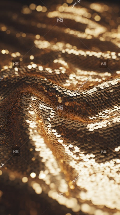 Close Up Of Glittering Gold Sequin Fabric With A Bokeh Background Showcasing The Sparkling Texture And Reflective Properties Of The Material — Stock Photo