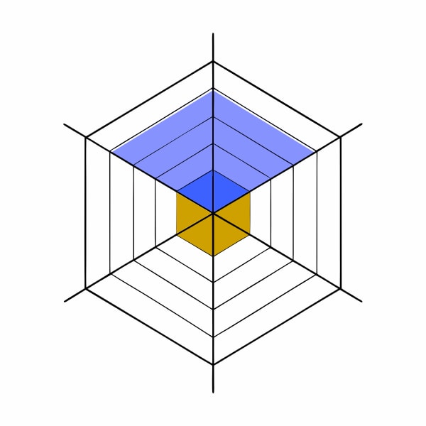 Geometric Design A Blue And Yellow Color Scheme Showcasing A Symmetrical Pattern Composed Of Intersecting Lines And Shapes Within A Central Hexagon — Stock Vector