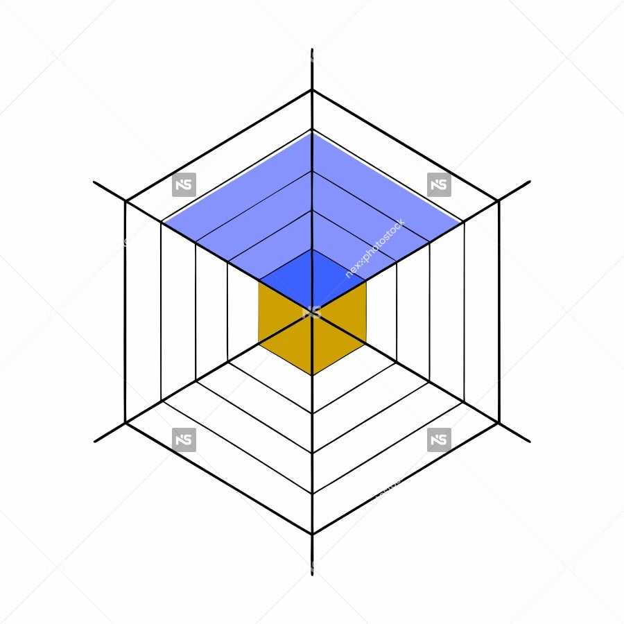 Geometric Design A Blue And Yellow Color Scheme Showcasing A Symmetrical Pattern Composed Of Intersecting Lines And Shapes Within A Central Hexagon — Stock Vector