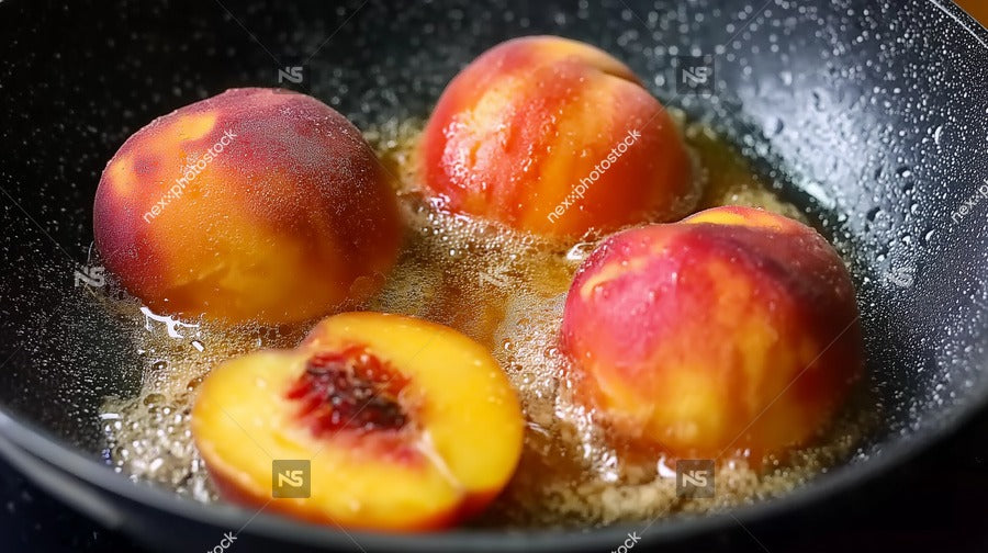 Four Peaches Cooking In A Pan — Stock Photo