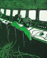 A Black And White Illustration Of A Control Room With Two Men Sitting In Front Of Multiple Computer Monitors Each Wearing Headphones — Stock Illustration