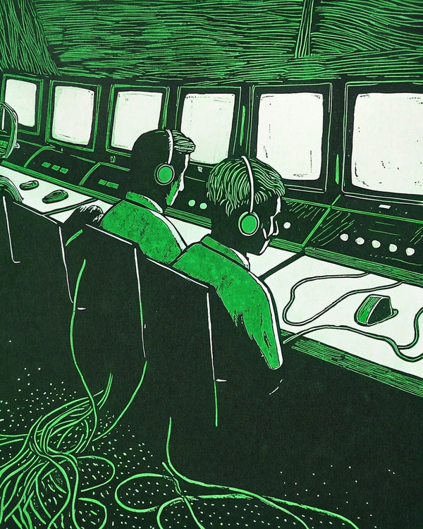 A Black And White Illustration Of A Control Room With Two Men Sitting In Front Of Multiple Computer Monitors Each Wearing Headphones — Stock Illustration