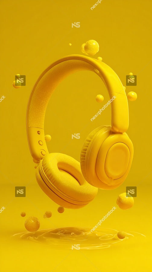 Yellow Headphones With Splash Of Water Droplets Set Against A Yellow Background — Stock Photo