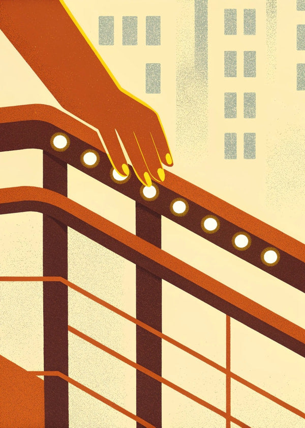 Illustration Of A Person S Hand Holding A Coin On A Railing In An Urban Setting — Stock Illustration