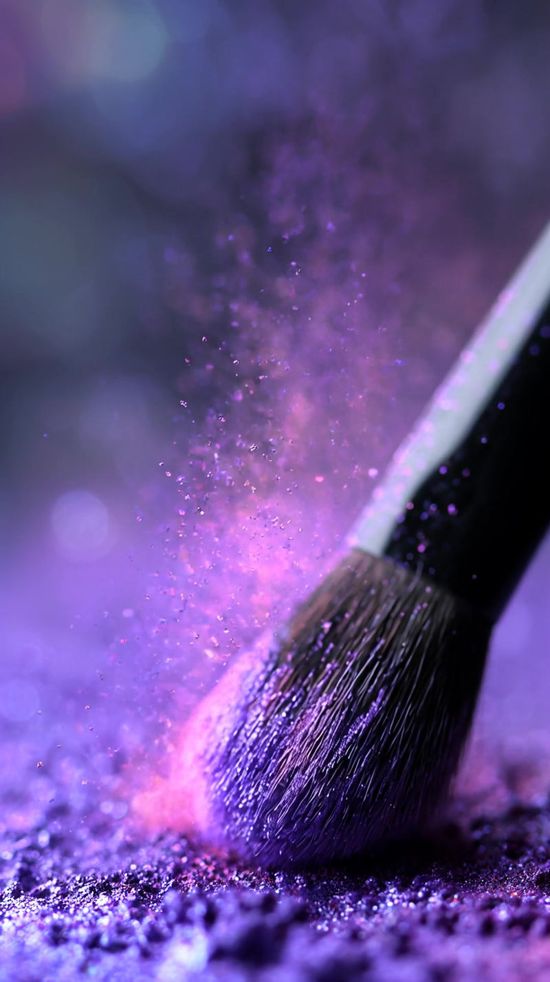 purple glitter makeup brush with powdered pigments in motion creating a sparkling effect against a dark background - Stock Video