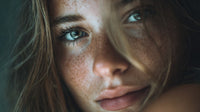 A Young Woman With Freckles Is Captured In A Close Up Portrait Her Face Filling Much Of The Frame — Stock Photo