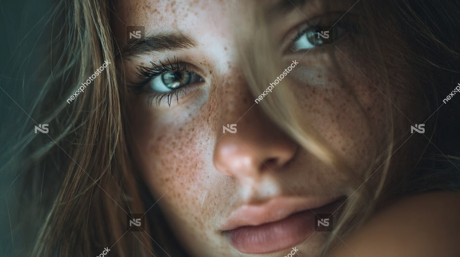 A Young Woman With Freckles Is Captured In A Close Up Portrait Her Face Filling Much Of The Frame — Stock Photo