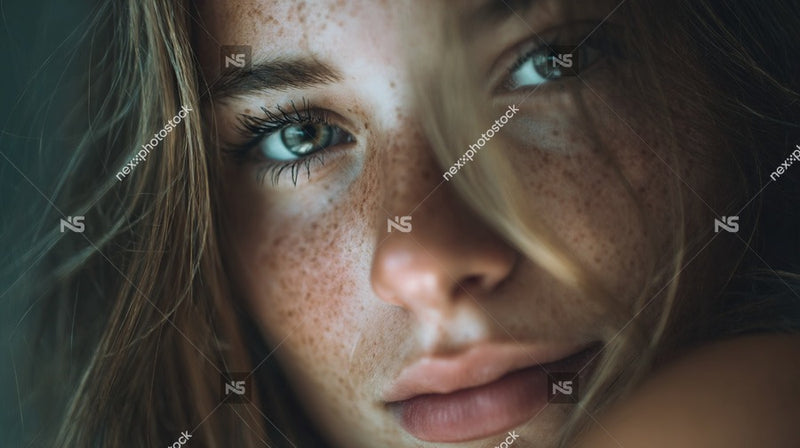 A Young Woman With Freckles Is Captured In A Close Up Portrait Her Face Filling Much Of The Frame — Stock Photo
