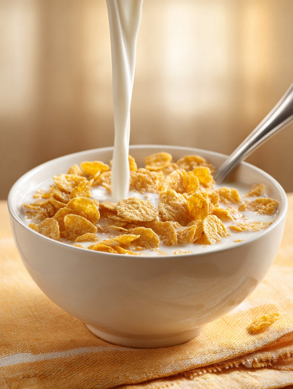A Bowl Of Cereal With Milk Served In A White Bowl On A Wooden Table — Stock Photo