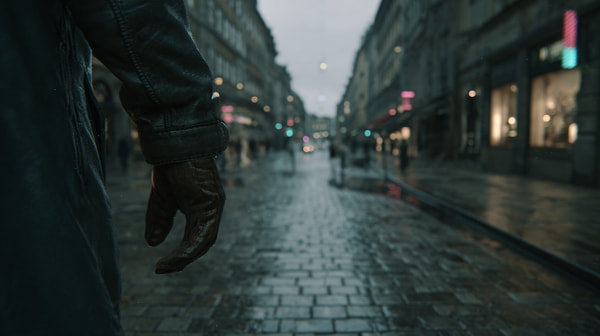 A Rainy City Street At Night With A Person Walking Down The Sidewalk And Wet Cobblestone Streets Reflecting The Ambient Light — Stock Photo