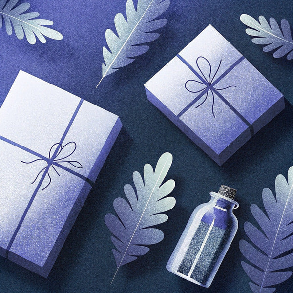Gift Boxes And Presents On A Dark Background With Blue Ribbon And Leaves Illustration — Stock Illustration