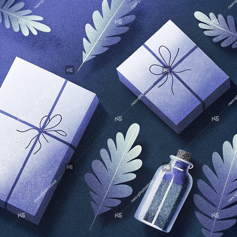 Gift Boxes And Presents On A Dark Background With Blue Ribbon And Leaves Illustration — Stock Illustration