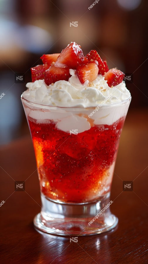 Strawberry Shortcake Dessert In A Glass Dish Topped With Whipped Cream And Served On A Wooden Table — Stock Photo