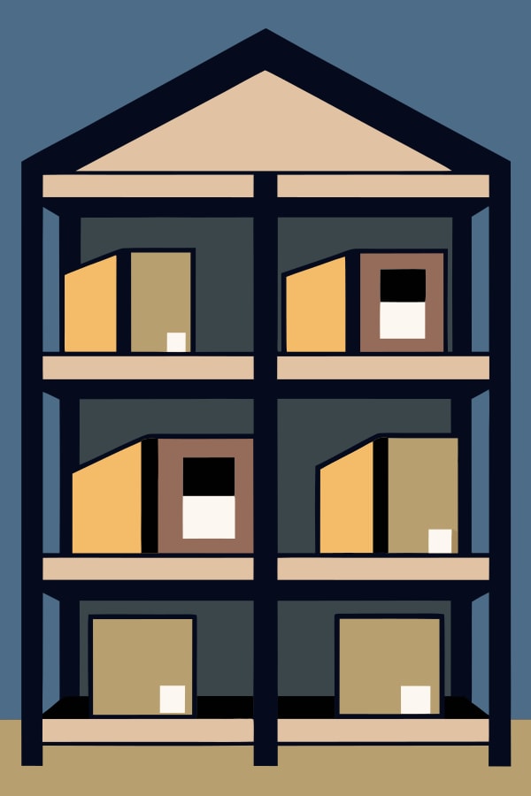 A Three Story Building With Boxes On Shelves Depicted In A Pixel Art Style — Stock Vector