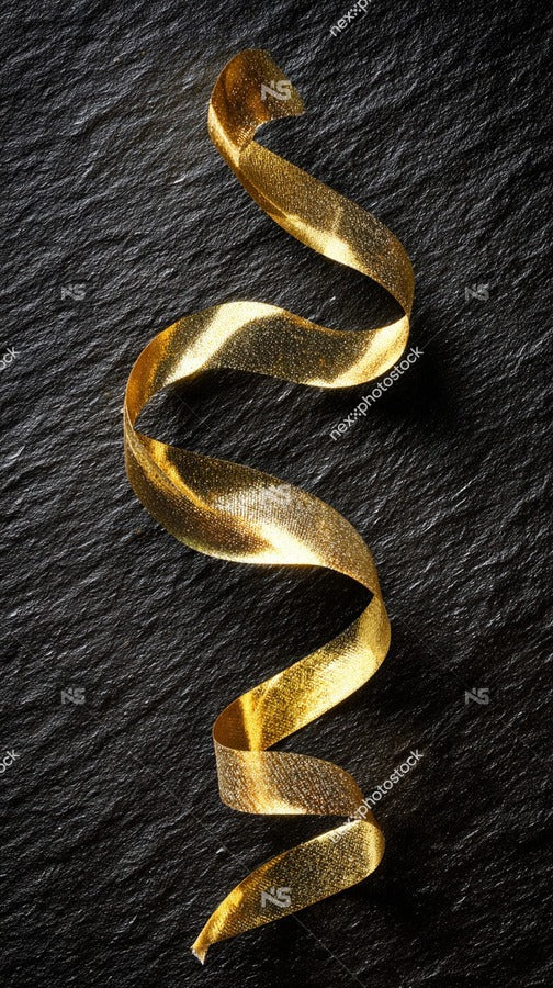 A Single Curled Gold Ribbon Against A Black Background — Stock Photo