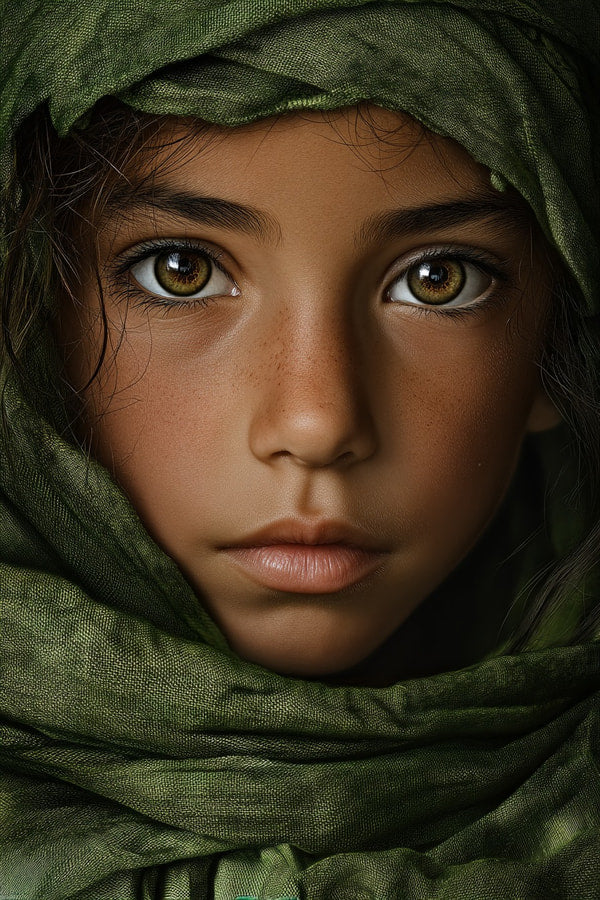 Portrait Of A Young Girl Wearing A Green Scarf Looking Directly Into The Camera With A Neutral Expression — Stock Photo