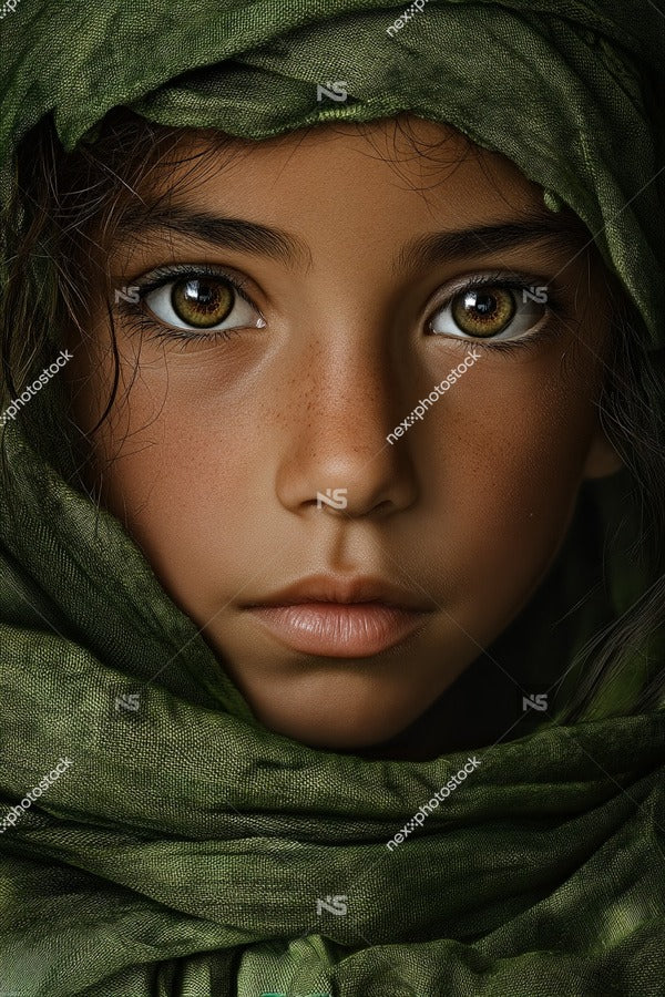 Portrait Of A Young Girl Wearing A Green Scarf Looking Directly Into The Camera With A Neutral Expression — Stock Photo