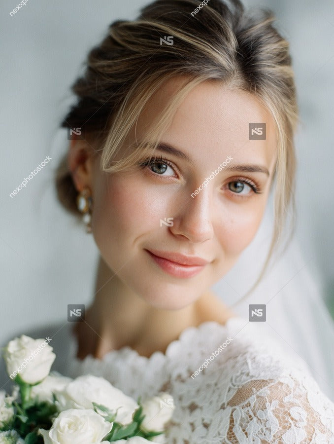 A Bride In A White Wedding Gown Smiling And Looking Directly At The Camera — Stock Photo