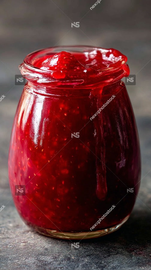 A Jar Of Homemade Raspberry Jam With A Spoonful On Top Placed On A Dark Surface — Stock Photo