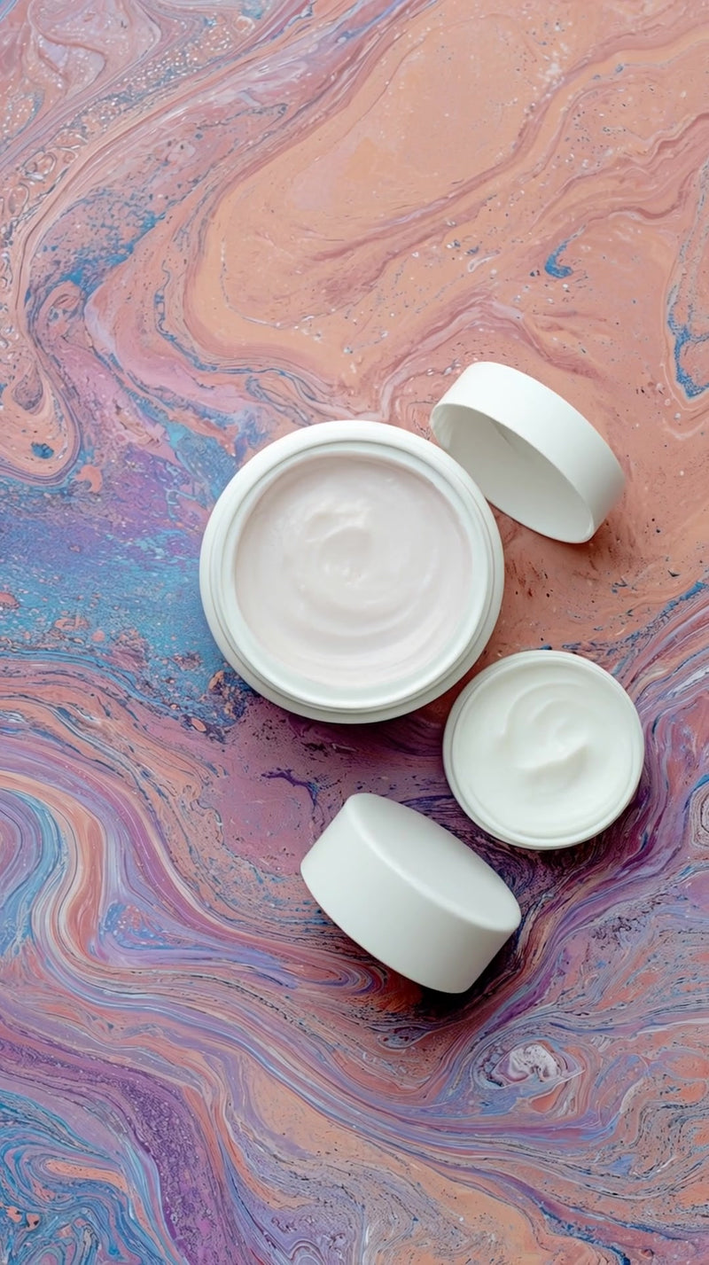 marbled countertop with four white cups and a lid set against a colorful marbled background - Stock Video