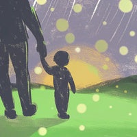 A Black And White Illustration Of A Family Walking Together Under The Night Sky — Stock Illustration