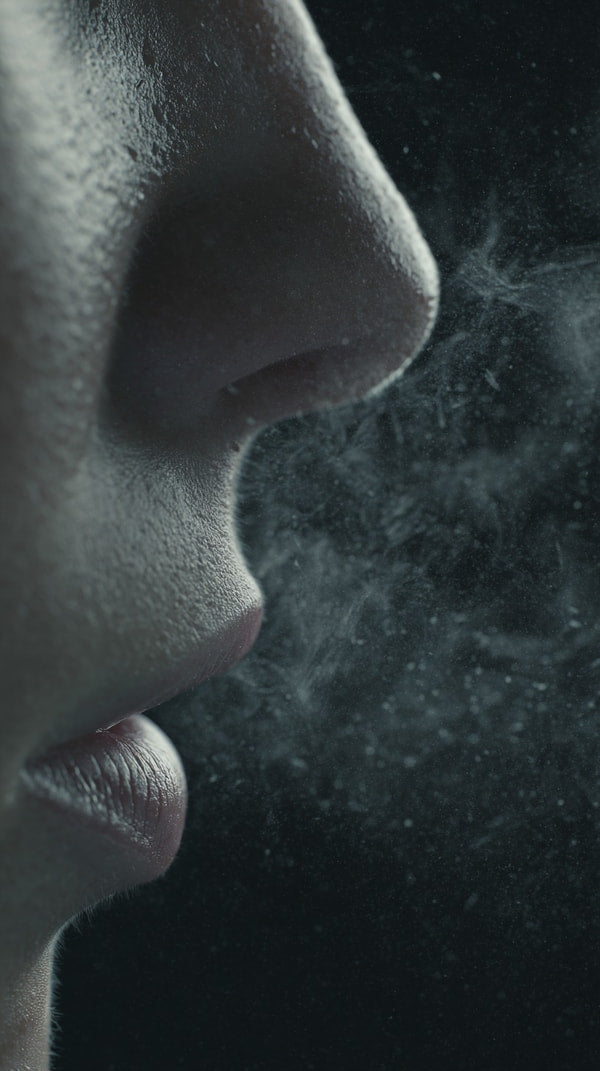Human Portrait With Close Up Of Smoke Inhaled By Person Captured From Side Angle Against Dark Background — Stock Photo