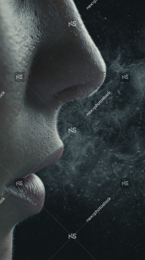 Human Portrait With Close Up Of Smoke Inhaled By Person Captured From Side Angle Against Dark Background — Stock Photo