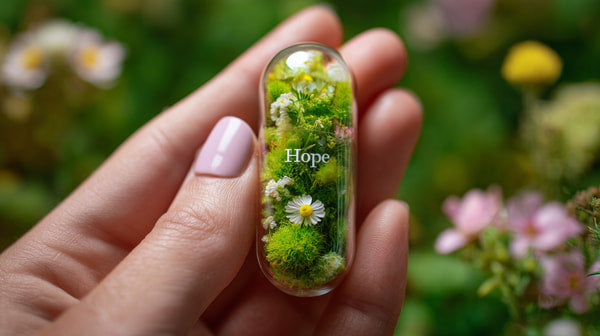A Hand Holding A Small Bottle Filled With Green Plants And Flowers Set Against A Backdrop Of Colorful Flowers — Stock Photo
