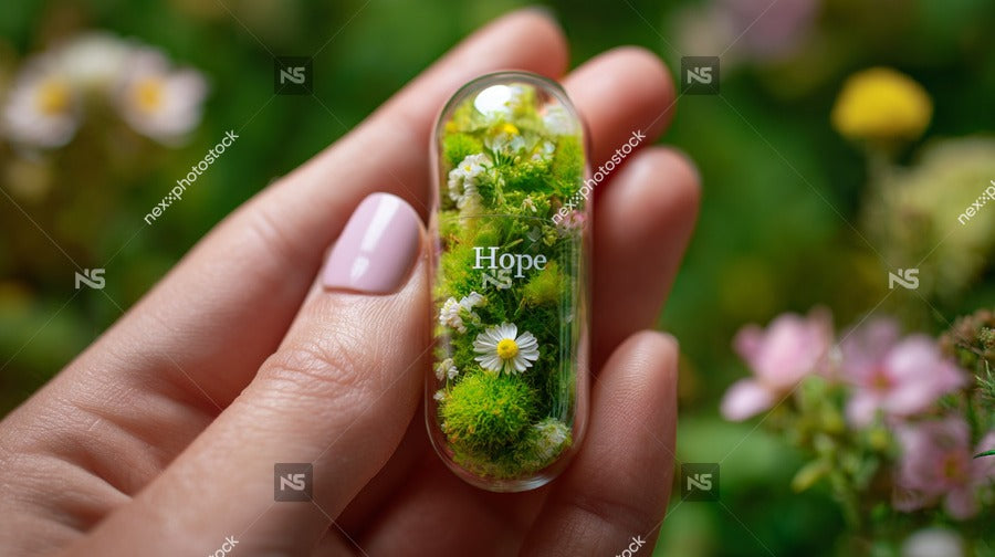 A Hand Holding A Small Bottle Filled With Green Plants And Flowers Set Against A Backdrop Of Colorful Flowers — Stock Photo