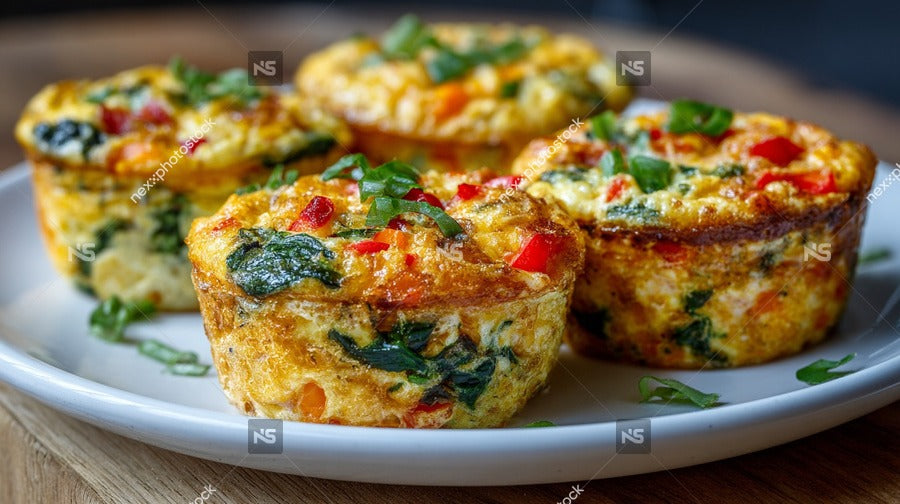 A Plate Of Muffins Topped With Spinach And Red Peppers Garnished With A Sprig Of Parsley — Stock Photo
