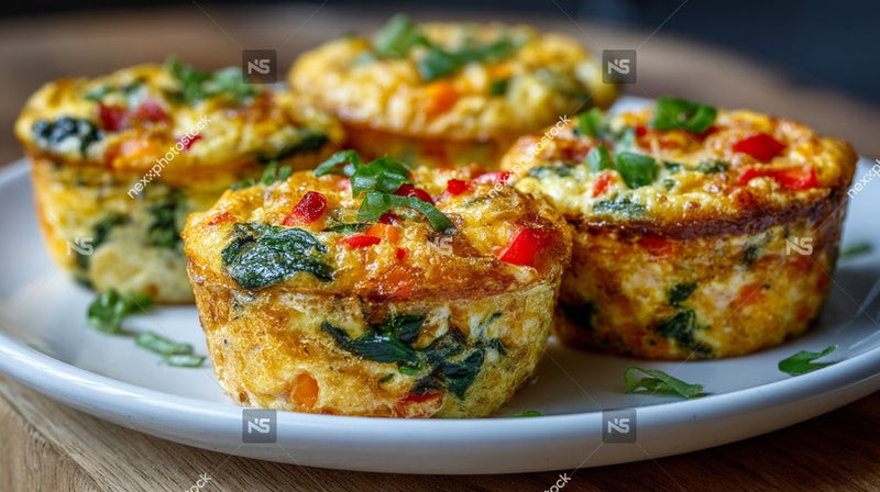 A Plate Of Muffins Topped With Spinach And Red Peppers Garnished With A Sprig Of Parsley — Stock Photo