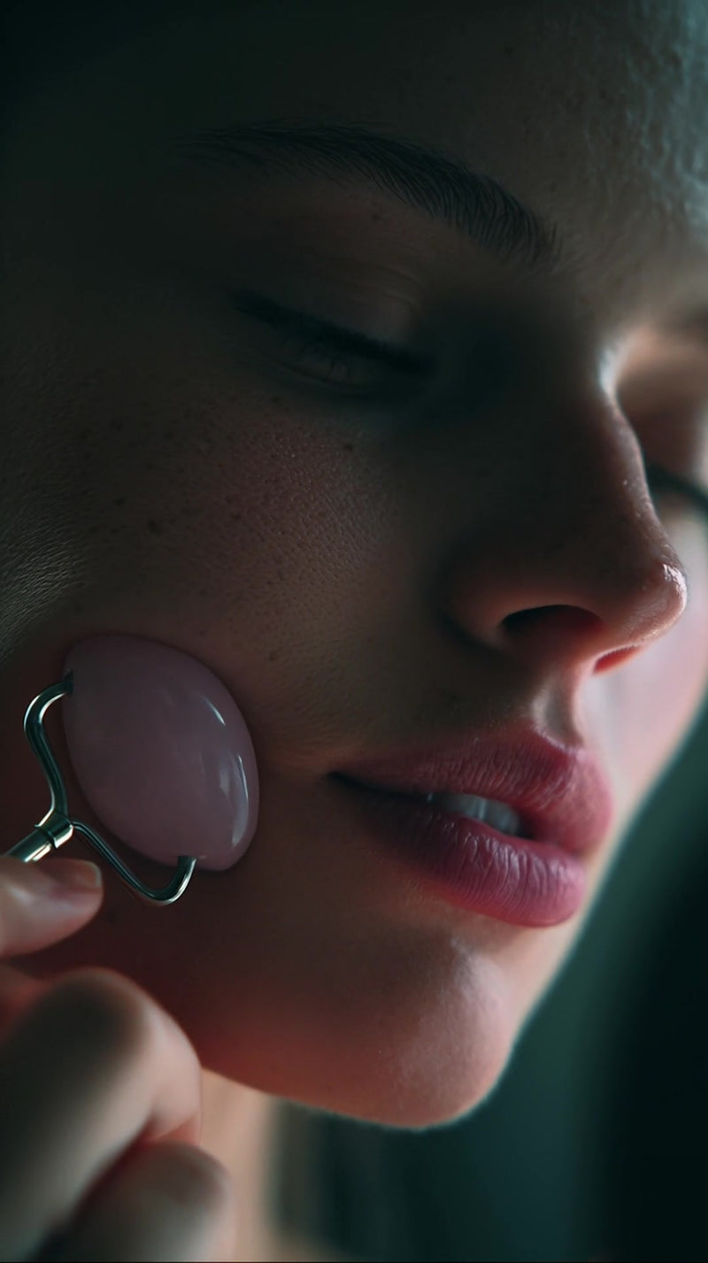 a woman is captured in a close up shot focusing on her face as she applies makeup using a pink brush - Stock Video