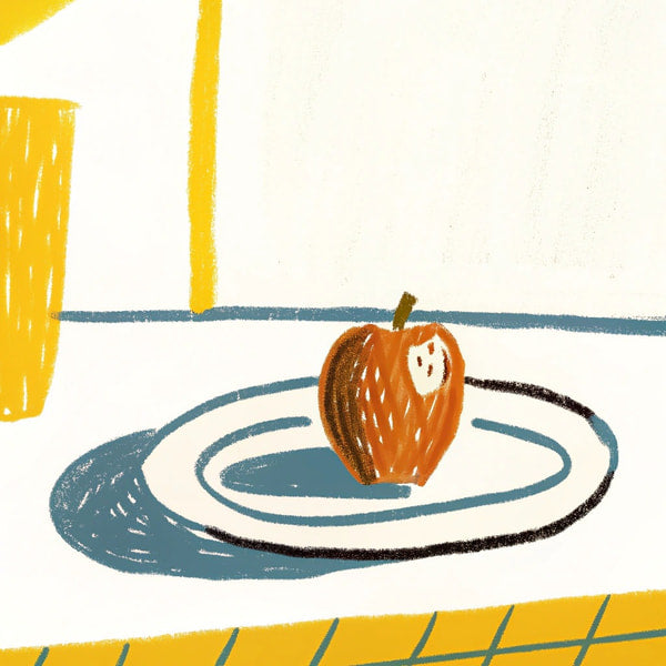 A Single Apple Sits On A White Plate Set Against A Yellow Background With A Blue Border — Stock Illustration