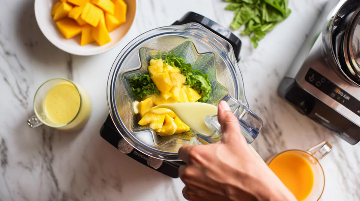 a blender filled with a variety of fruits and vegetables ready for use on a kitchen countertop - Stock Video
