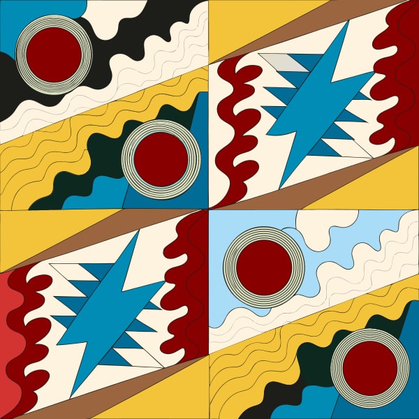 Colorful Abstract Art Geometric Shapes Including Red Circles And Wavy Lines Against A Yellow Background — Stock Vector