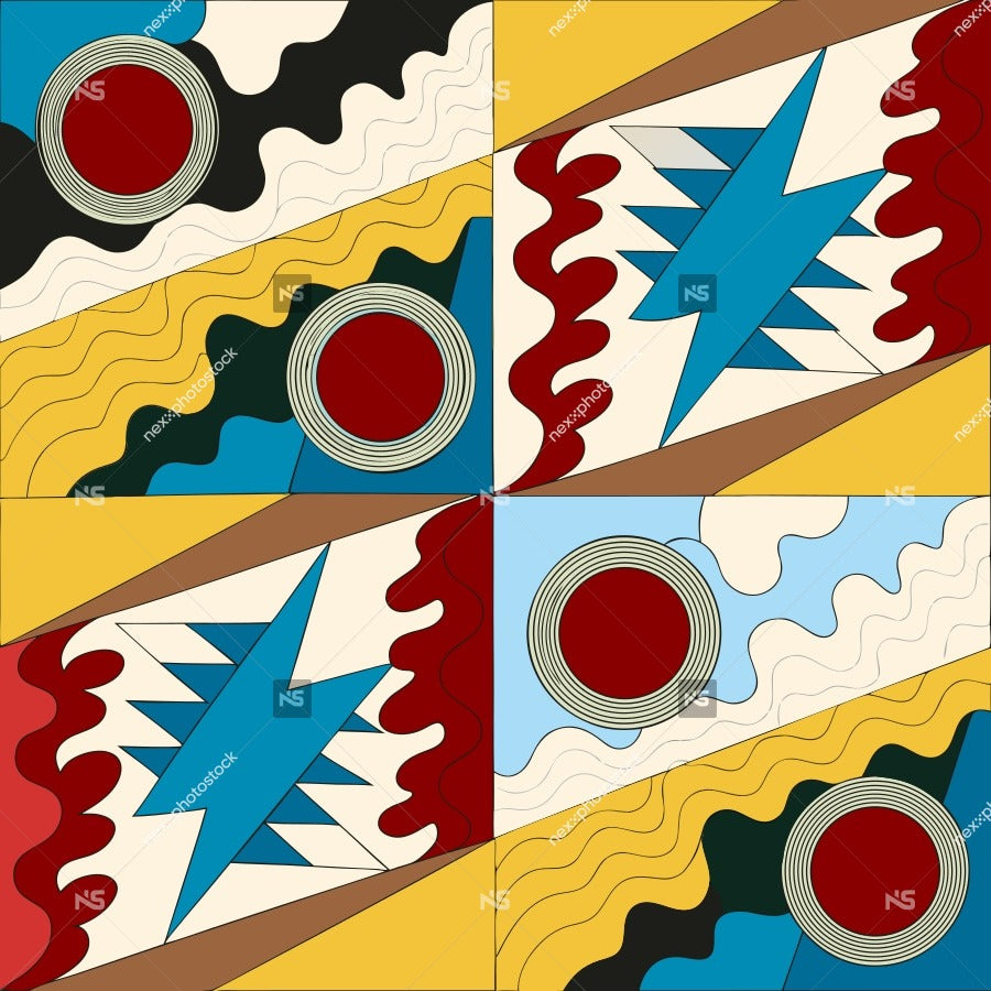 Colorful Abstract Art Geometric Shapes Including Red Circles And Wavy Lines Against A Yellow Background — Stock Vector