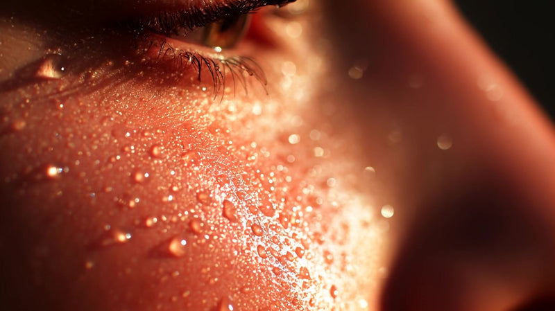close up of a person s face with glittering droplets on their skin creating a sparkling effect around the eye area - Stock Video