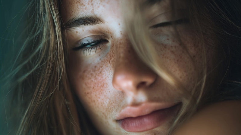 a close up portrait of a woman with freckles captured in a soft focused shot against a blue background - Stock Video