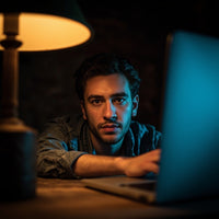 A Man Sitting At A Desk In A Dimly Lit Room Working On His Laptop — Stock Photo