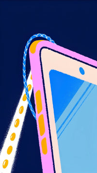 Close Up Of A Smartphone With A Colorful Case And A Chain Attached To It Against A Blue Background — Stock Illustration