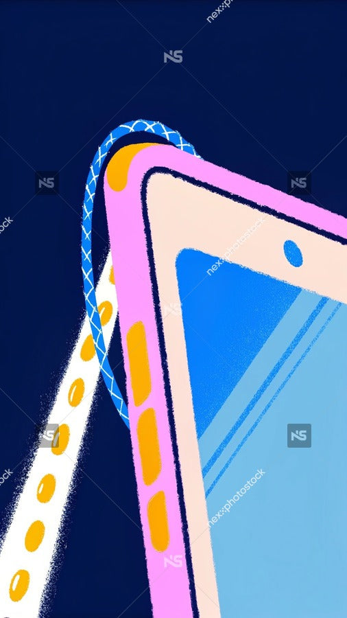 Close Up Of A Smartphone With A Colorful Case And A Chain Attached To It Against A Blue Background — Stock Illustration